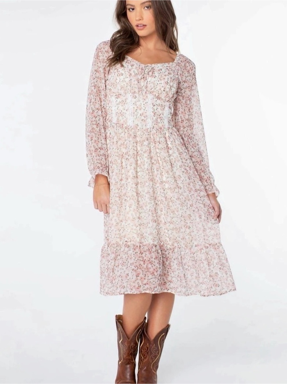 Celebrity Pink Women’s Long Sleeve Midi Dress Basque Waist Small S Boho Cottage